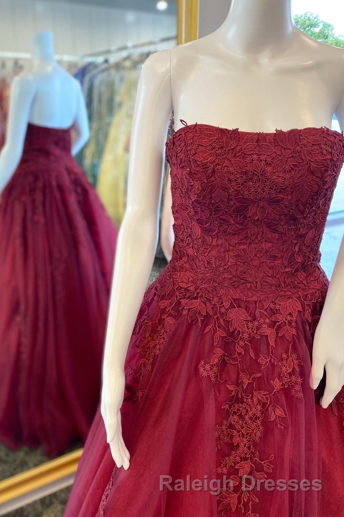 Wine Red Floral Lace Strapless A-Line Prom Dress Secondary image