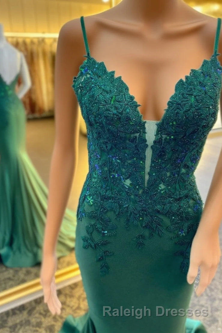 Hunter Green Floral Plunging V Mermaid Long Prom Dresses Main image