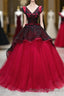 Unique Burgundy V Neck Tulle Long Prom Dress, Burgundy Evening Dress
