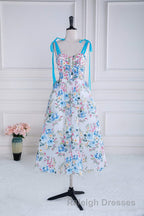 Blue and White Floral Bow Tie Straps A-line Tea-Length Prom Dress