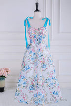 Blue and White Floral Bow Tie Straps A-line Tea-Length Prom Dress