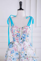 Blue and White Floral Bow Tie Straps A-line Tea-Length Prom Dress