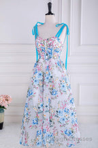 Blue and White Floral Bow Tie Straps A-line Tea-Length Prom Dress