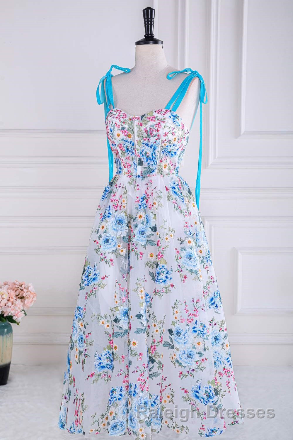 Blue and White Floral Bow Tie Straps A-line Tea-Length Prom Dress