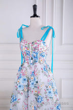 Blue and White Floral Bow Tie Straps A-line Tea-Length Prom Dress