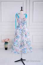Blue and White Floral Bow Tie Straps A-line Tea-Length Prom Dress