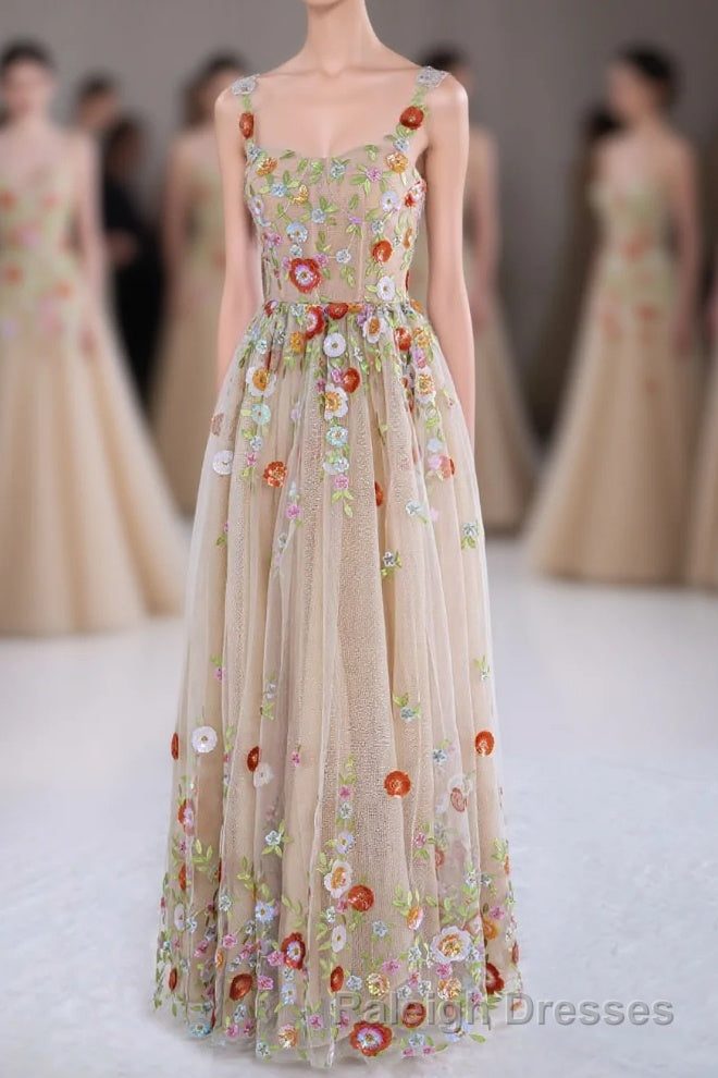 Dusty Pink Sequined Floral Appliques A-line Long Prom Dress