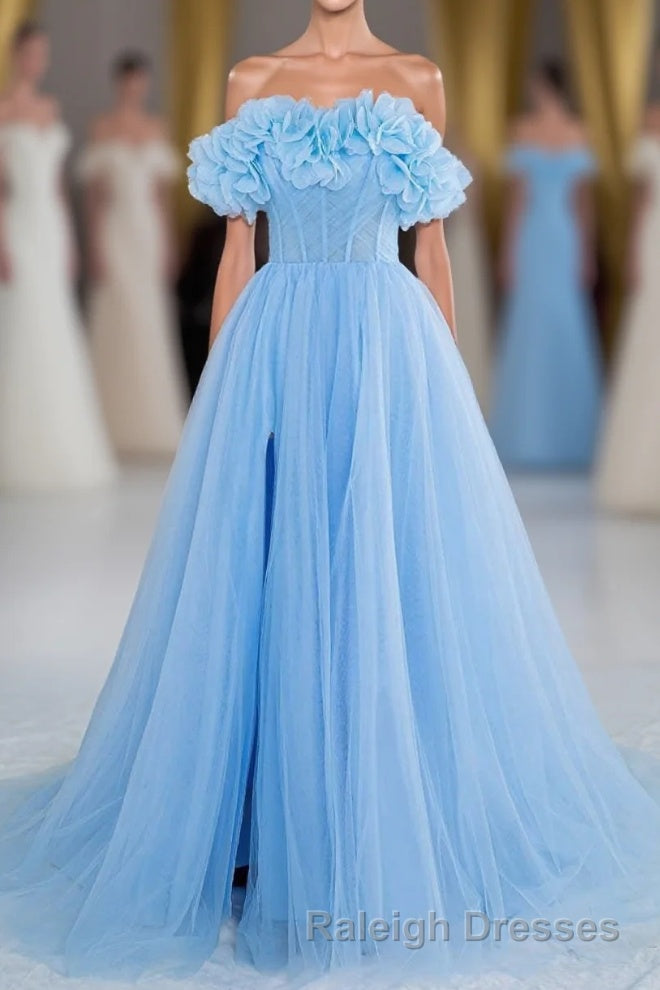 Light Blue Flowers Off-Shoulder A-line Long Prom Dress with Slit Main image