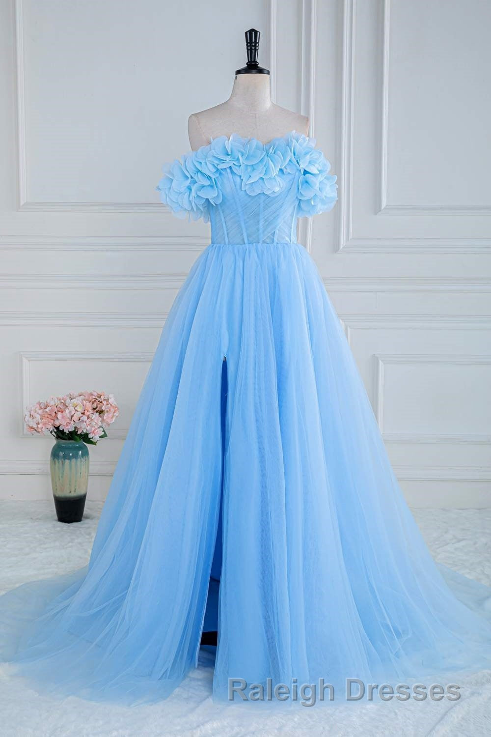 Light Blue Flowers Off-Shoulder A-line Long Prom Dress with Slit Secondary image