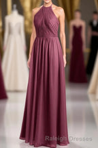 Mauve Chiffon Halter Backless A-Line Long Bridesmaid Dress