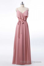 Mauve Pink Chiffon Spaghetti Straps Ruffled A Line Bridesmaid Dresses
