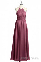 Mauve Chiffon Halter Backless A Line Long Bridesmaid Dresses