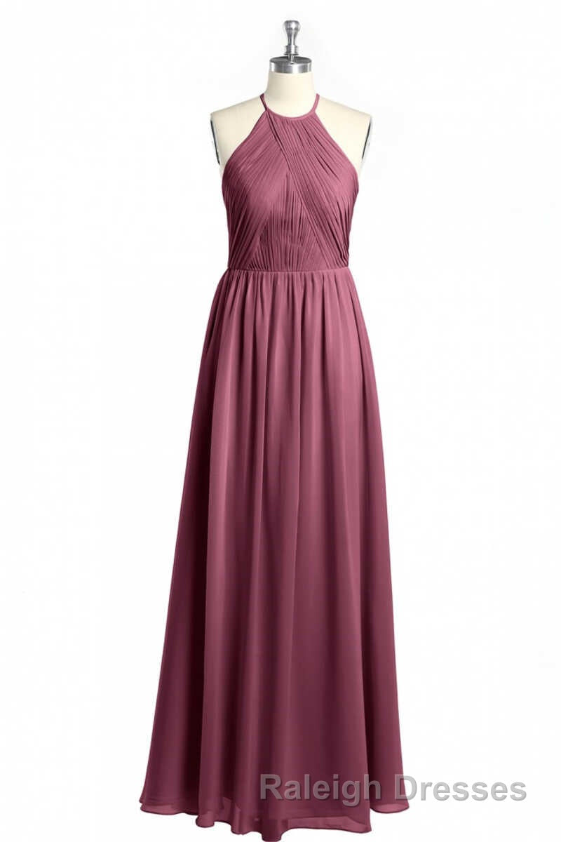 Mauve Chiffon Halter Backless A Line Long Bridesmaid Dresses