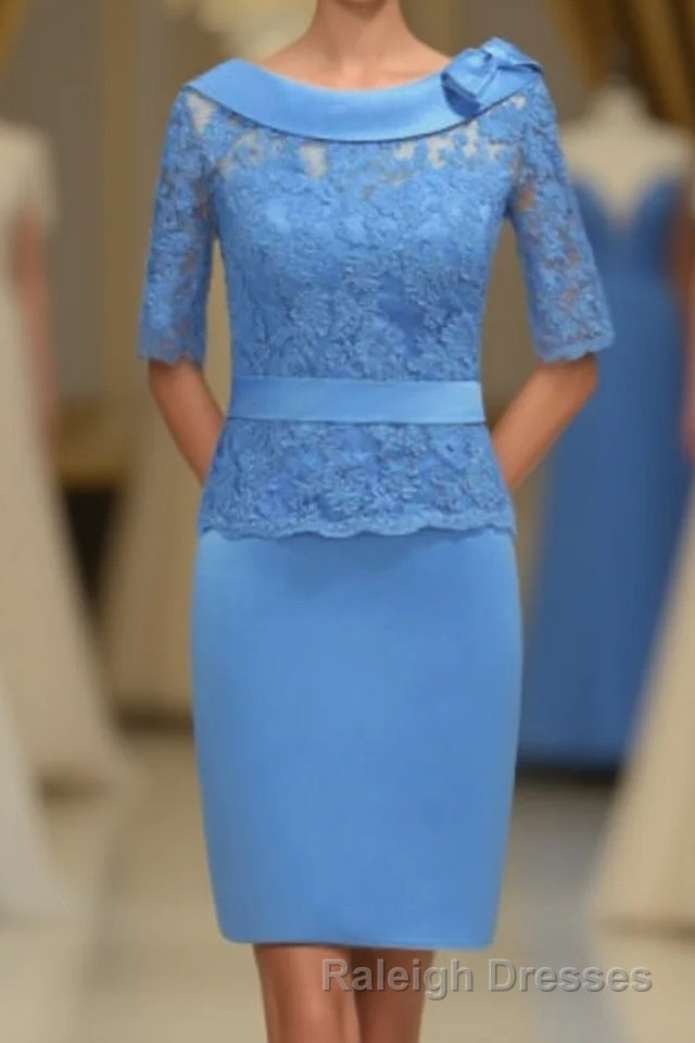 Blue Lace Crew Neck Half Sleeve Short Mother of the Bride Dress Main image