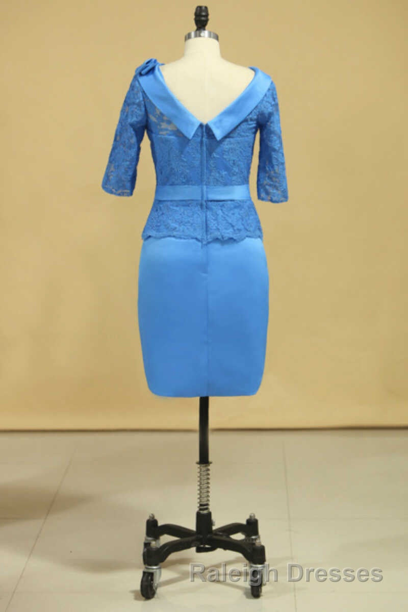 Blue Lace Crew Neck Half Sleeve Short Mother of the Bride Dress Secondary image