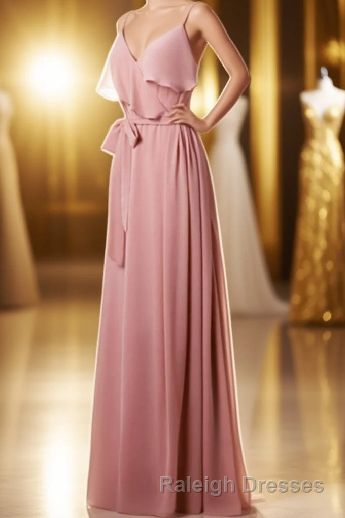 Mauve Pink Chiffon Spaghetti Straps Ruffled A-Line Bridesmaid Dress Main image