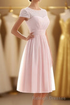 Princess Pink Chiffon and Lace Short Sleeves Bridesmaid Dress