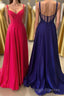 Neon Pink V Neck Straps A Line Prom Dresses