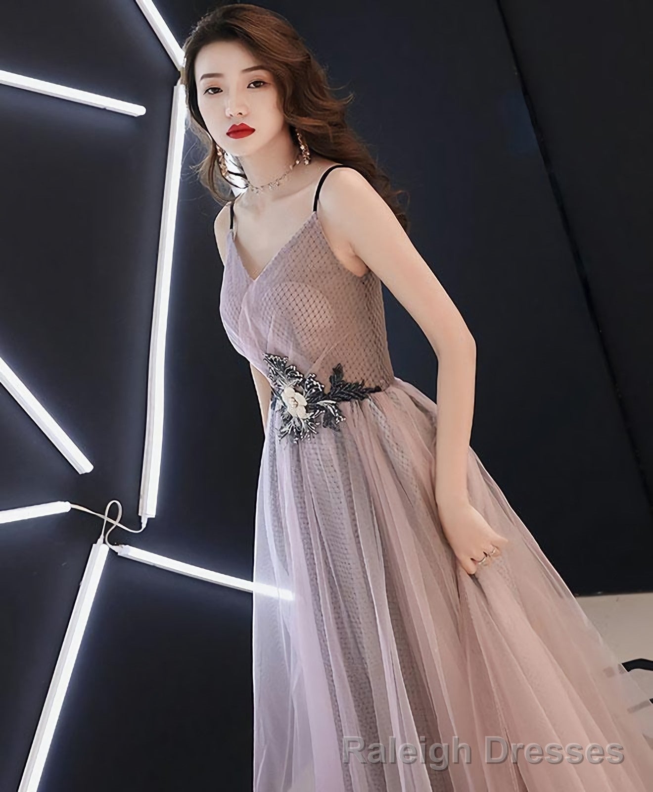 Champagne V Neck Tulle Long Prom Dress Evening Dress Secondary image