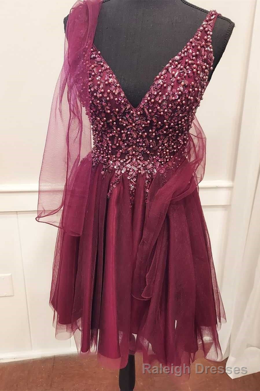 A-Line Burgundy Beaded Tie-Back Homecoming Dress Main image