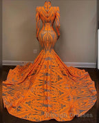 Hot Orange High neck Long Sleeves Mermaid Sequin Prom Dresses