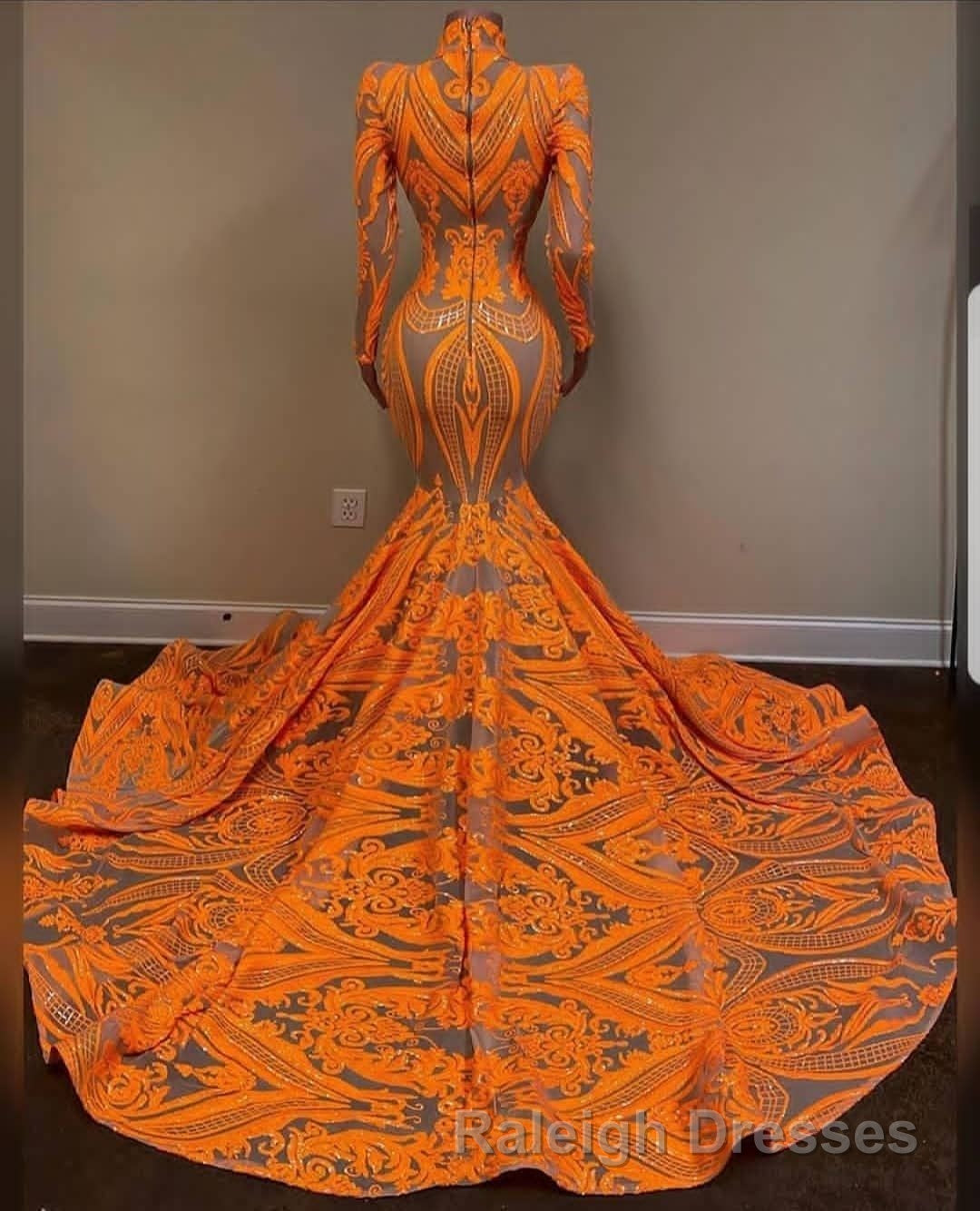 Hot Orange High neck Long Sleeves Mermaid Sequin Prom Dresses