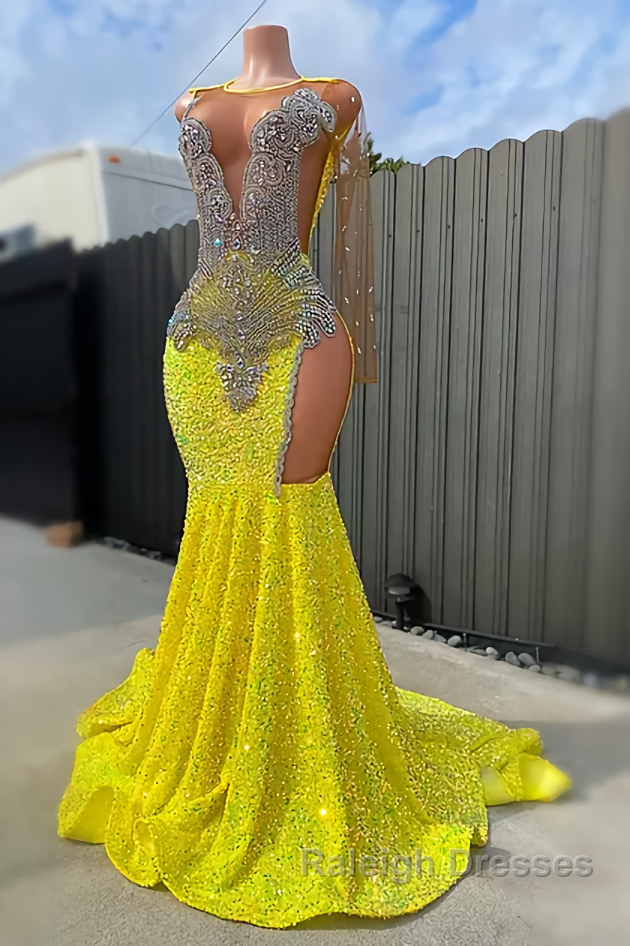 Round neck Silver Beaded Mermaid Yellow Sequin Prom Dresses