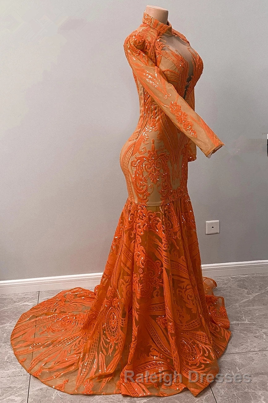 Hot Orange High neck Long Sleeves Mermaid Sequin Prom Dresses