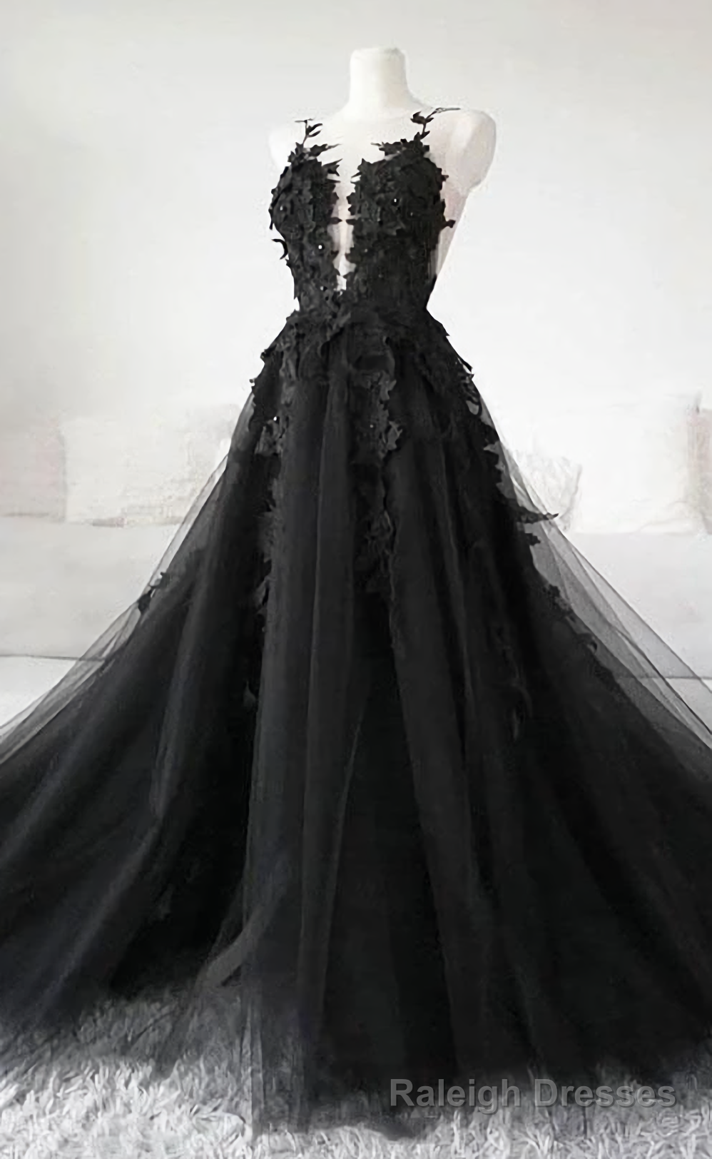 Black Tulle Lace Long Prom Dress, Black Lace Evening Dress, 2303 Main image