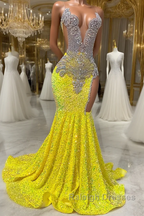 Round neck Silver Beaded Mermaid Yellow Sequin Prom Dresses