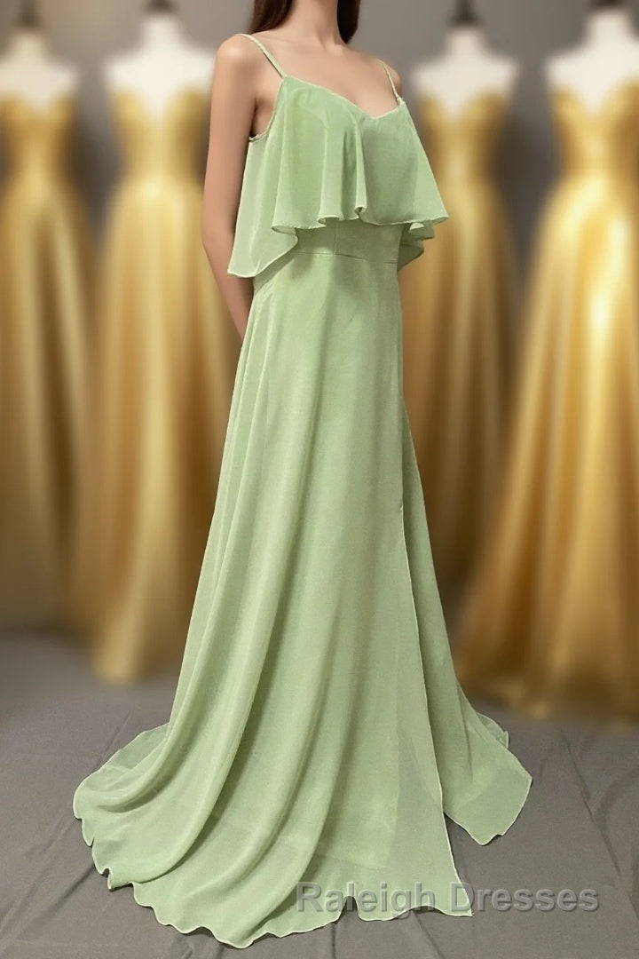 Ruffles Sage Green Straps A-Line Long Bridesmaid Dress with Slit Main image