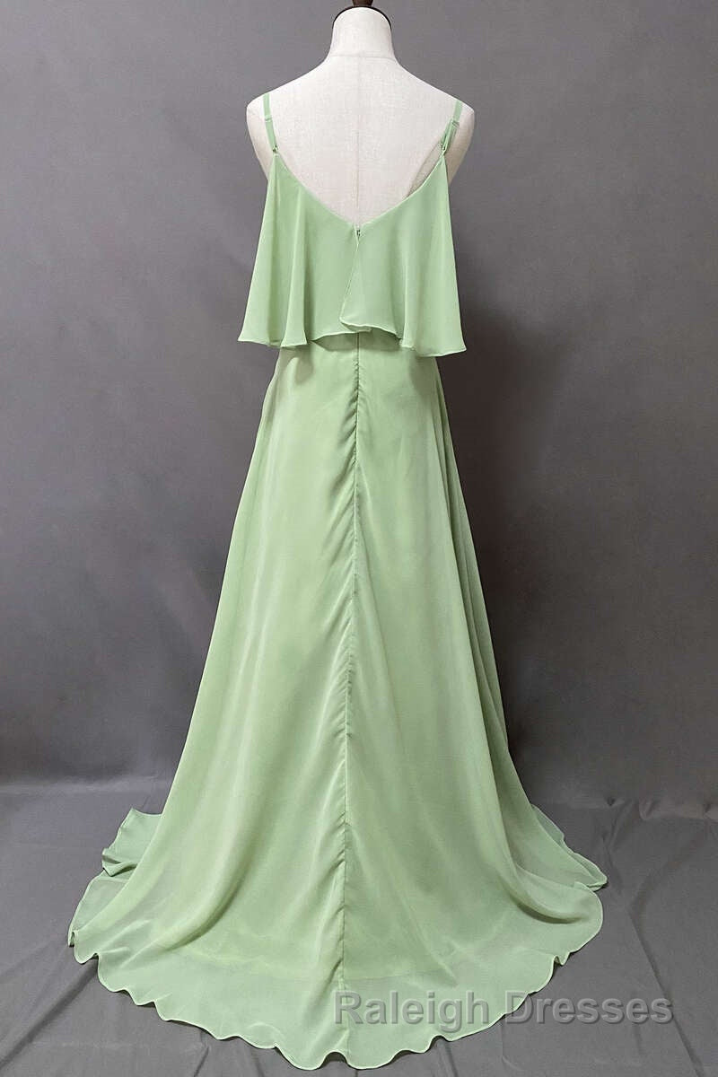 Ruffles Sage Green Straps A-Line Long Bridesmaid Dress with Slit Secondary image