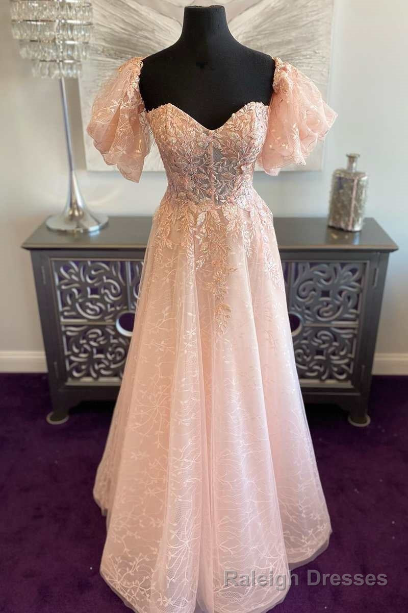 Pink Tulle Sweetheart A-Line Prom Dress with Puff Sleeves Main image