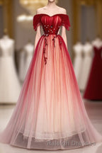 Burgundy Off Shoulder Tulle Long Prom Dress, Burgundy Formal Dress, 1