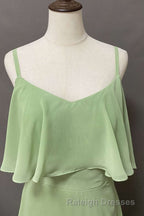 Ruffles Sage Green Straps A Line Long Bridesmaid Dresses with Slit