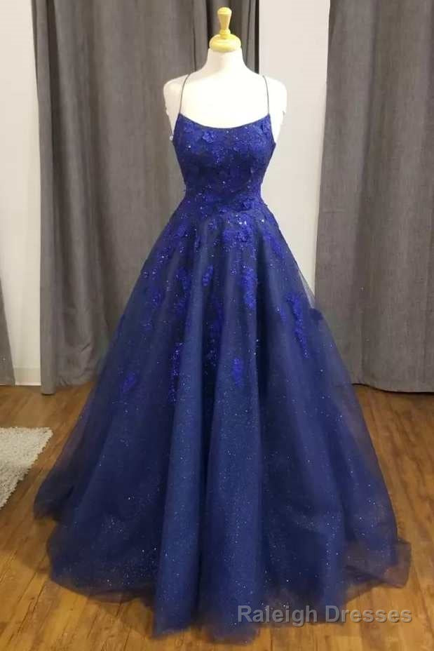 Sparkles Blue Floral Lace Backless A Line Prom Dress
