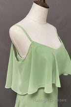 Ruffles Sage Green Straps A Line Long Bridesmaid Dresses with Slit