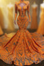 Hot Orange High neck Long Sleeves Mermaid Sequin Prom Dresses