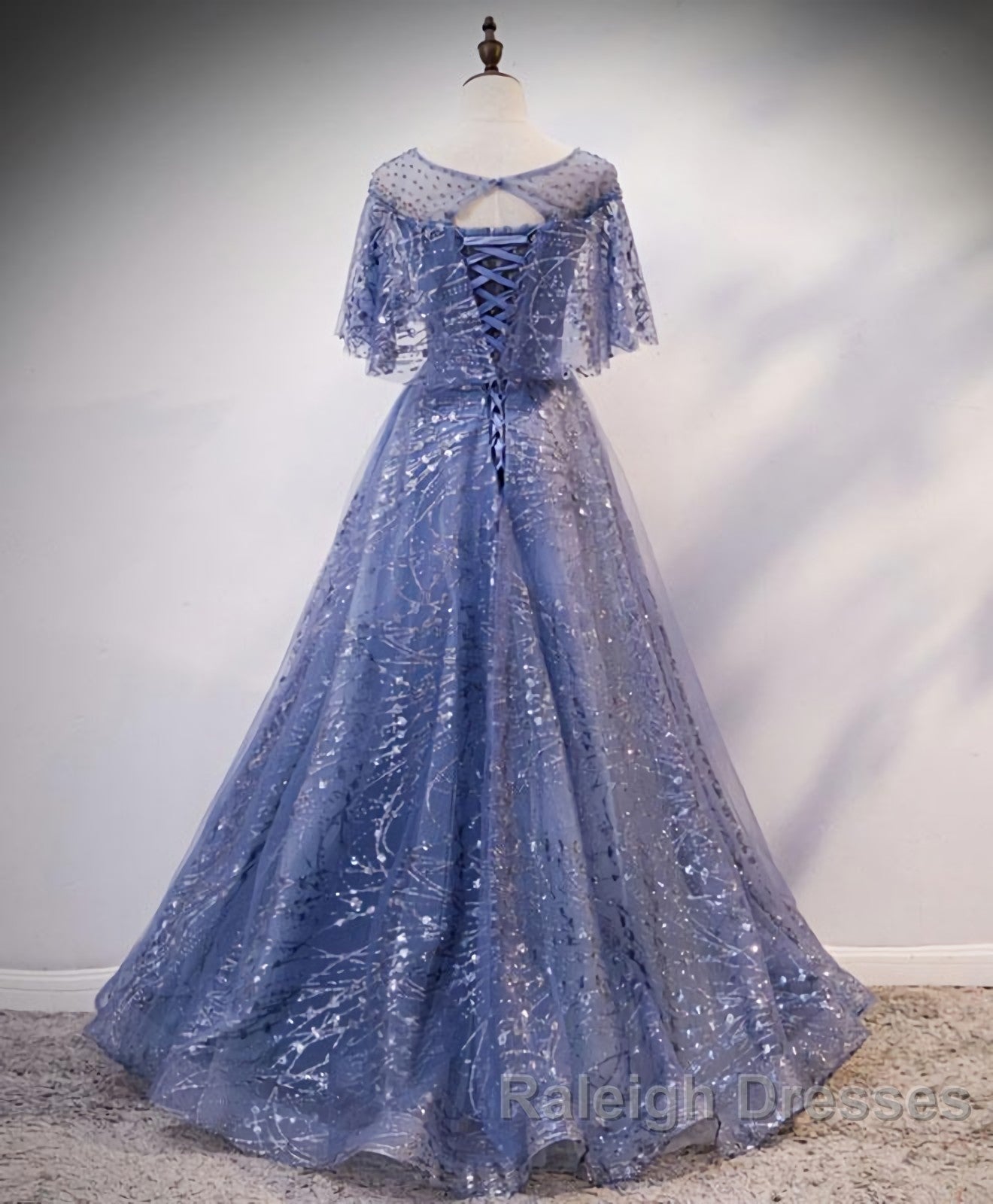 Unique Round Neck Tulle Lace Long Prom Dress, Blue Lace Evening Dress Secondary image