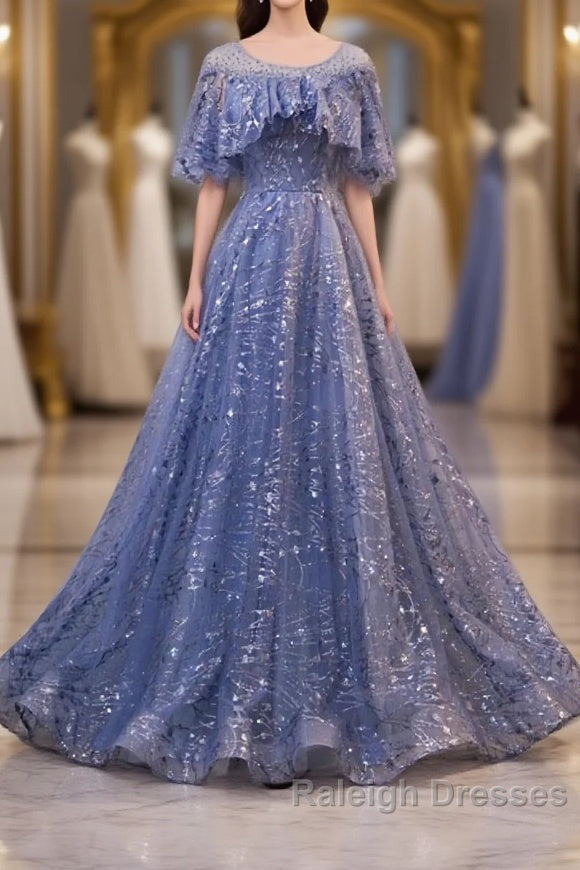 Unique Round Neck Tulle Lace Long Prom Dress, Blue Lace Evening Dress Main image