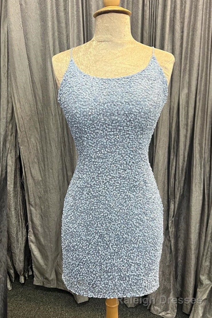 Light Blue Lace-Up Sequins Sheath Homecoming Dress Main image