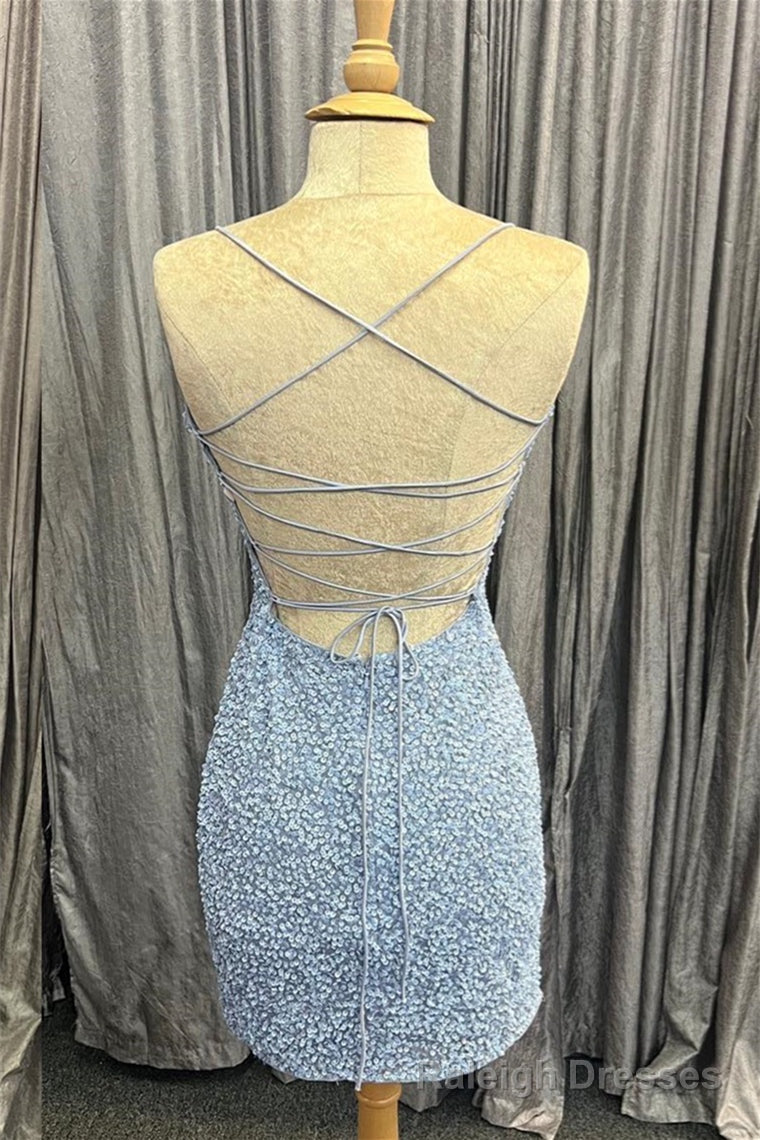 Light Blue Lace-Up Sequins Sheath Homecoming Dress Secondary image
