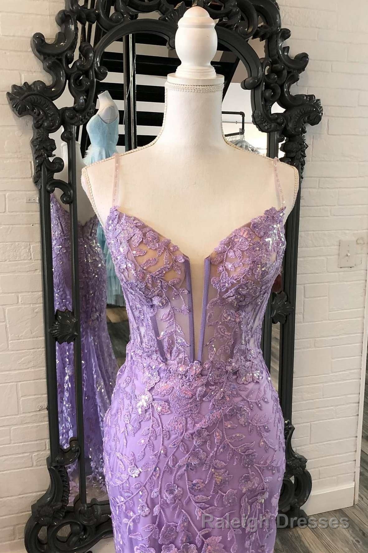 Lavender Floral Appliques Split Neck Mermaid Long Prom Dress Secondary image