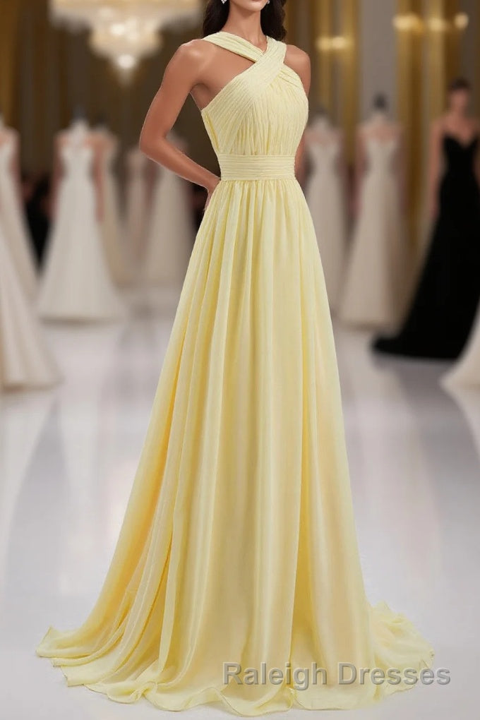Cross Front Yellow Pleated Chiffon Long Bridesmaid Dress Main image