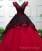 Unique Burgundy V Neck Tulle Long Prom Dress, Burgundy Evening Dress