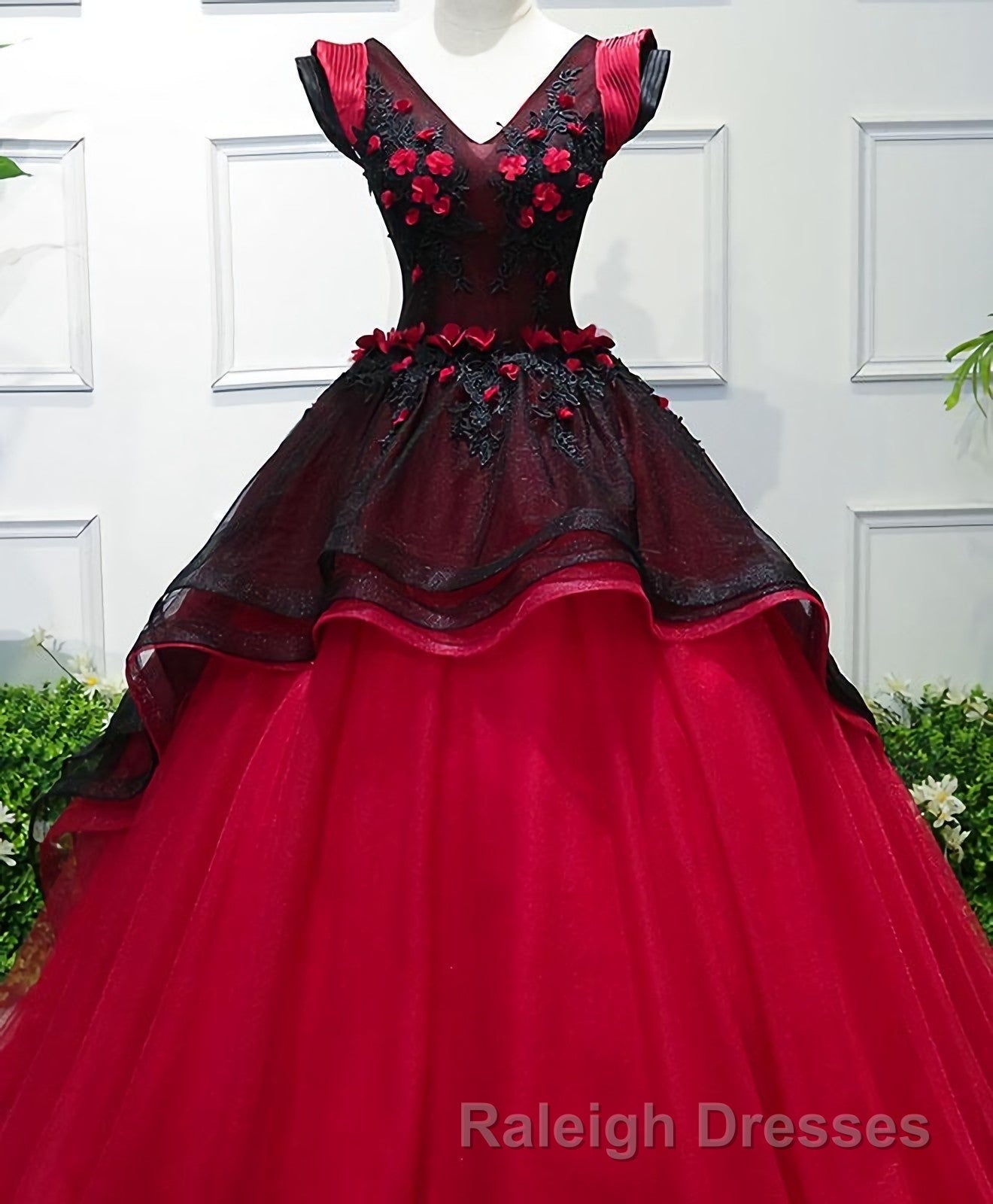 Unique Burgundy V Neck Tulle Long Prom Dress, Burgundy Evening Dress
