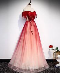 Burgundy Off Shoulder Tulle Long Prom Dress, Burgundy Formal Dress, 1