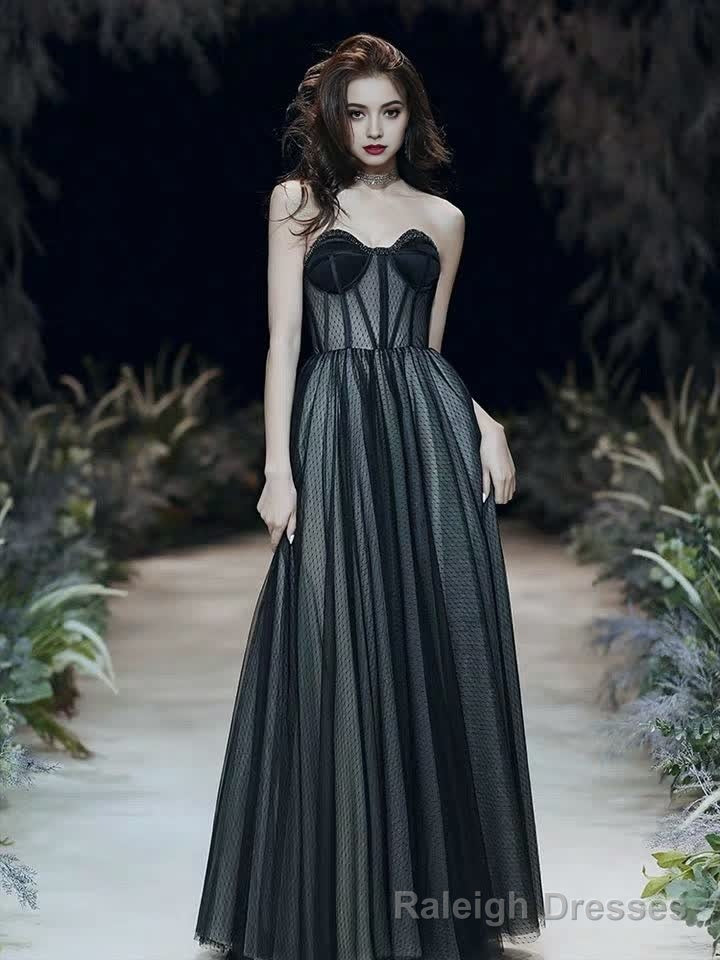 Black A-Line Prom Dresses Open Back Dress Formal Party Floor Length Sleeveless Spaghetti Strap Tulle with Pleats Main image