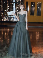 A-Line Prom Dresses Open Back Dress Formal Wedding Party Floor Length Sleeveless Spaghetti Strap Tulle with Pleats