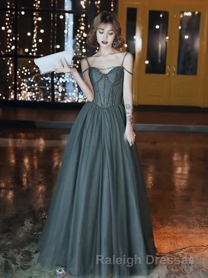 A Line Prom Dress Open Back Dresses Prom Wedding Prom Floor Length Sleeveless Spaghetti Strap Tulle with Pleats